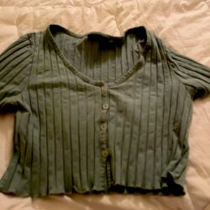 Teal button down tee, cropped, Large